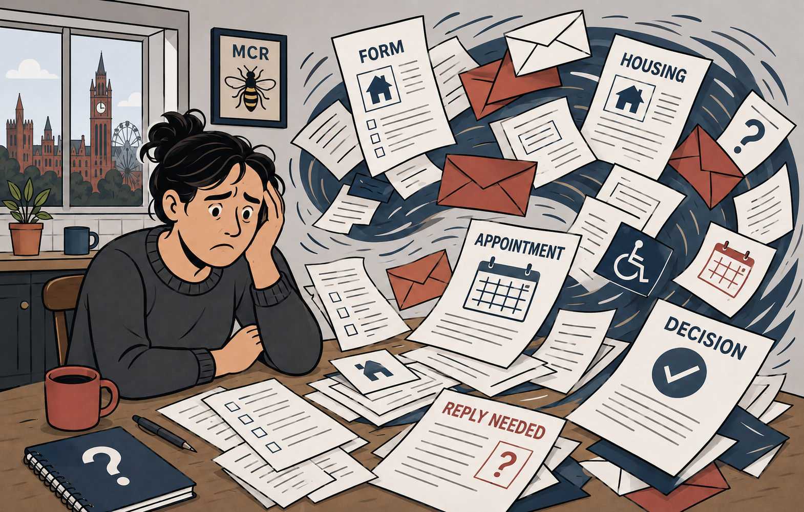 Cartoon of a resident overwhelmed by official paperwork